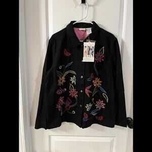 White Stag Embroidered Jacket Black Denim Long Sleeve Button Large Floral Retro